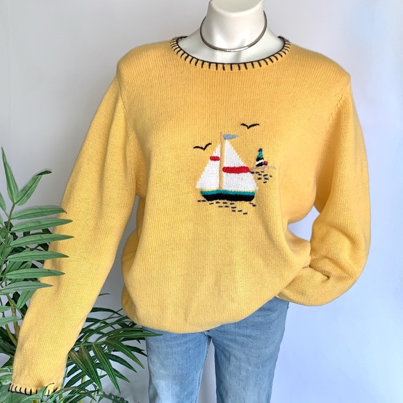 Vintage Sweaters - v i n t a g e :: Slouchy Embroidered Granny Sailing Knit Sweater